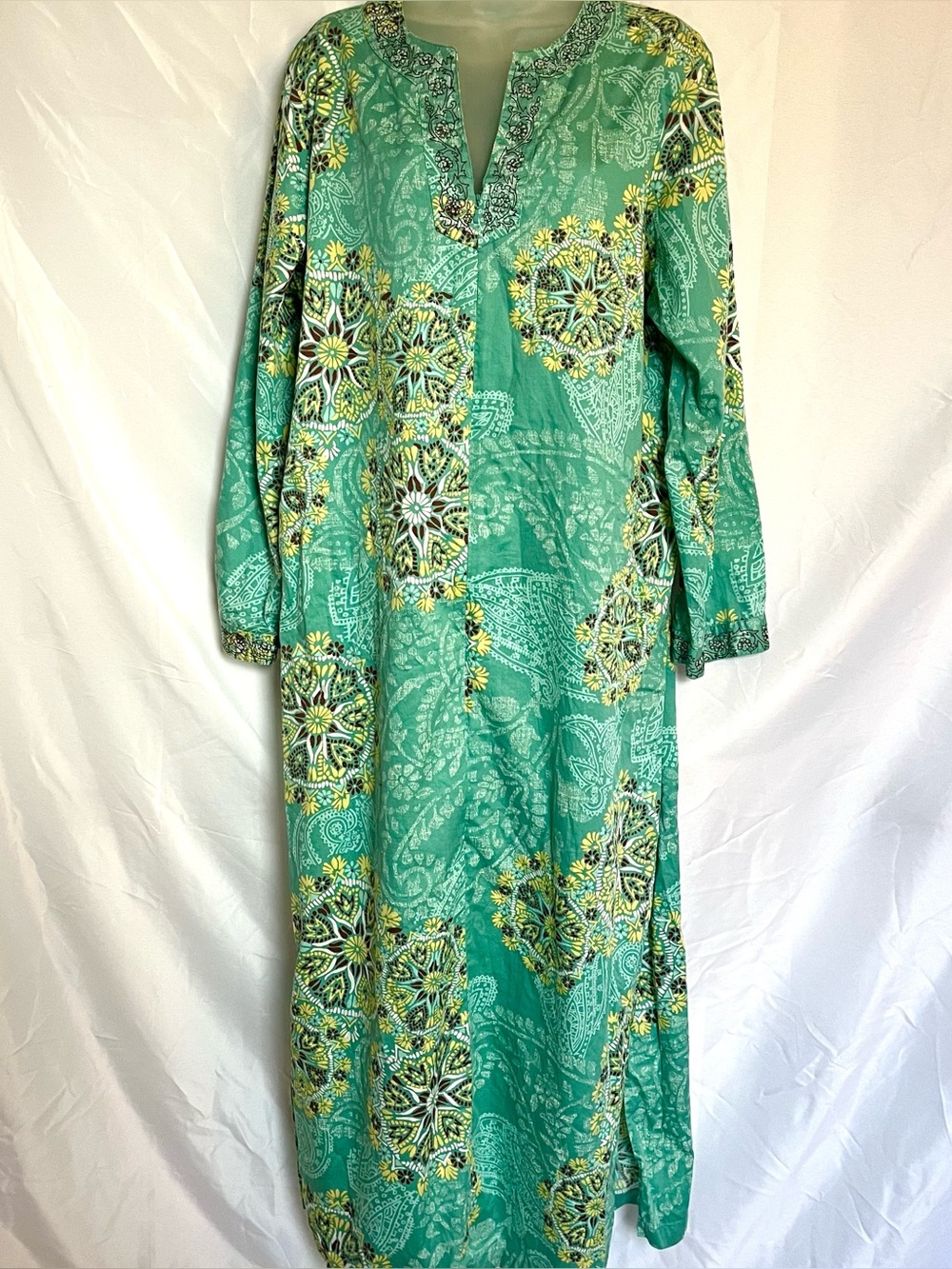 80s/90s I Magnin Green Paisley Beaded Zip Front Cotton Caftan Maxi Dress L